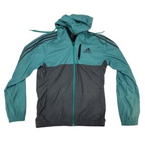 Adidas Mens Windbreaker Jacket Teal Gray Full‎ Zip Hooded Small Colorblock S